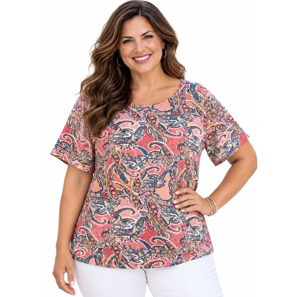 Charter Club Woman Perfectly Soft Pima Tee Womens Size 3X Pink Paisley Knit Top